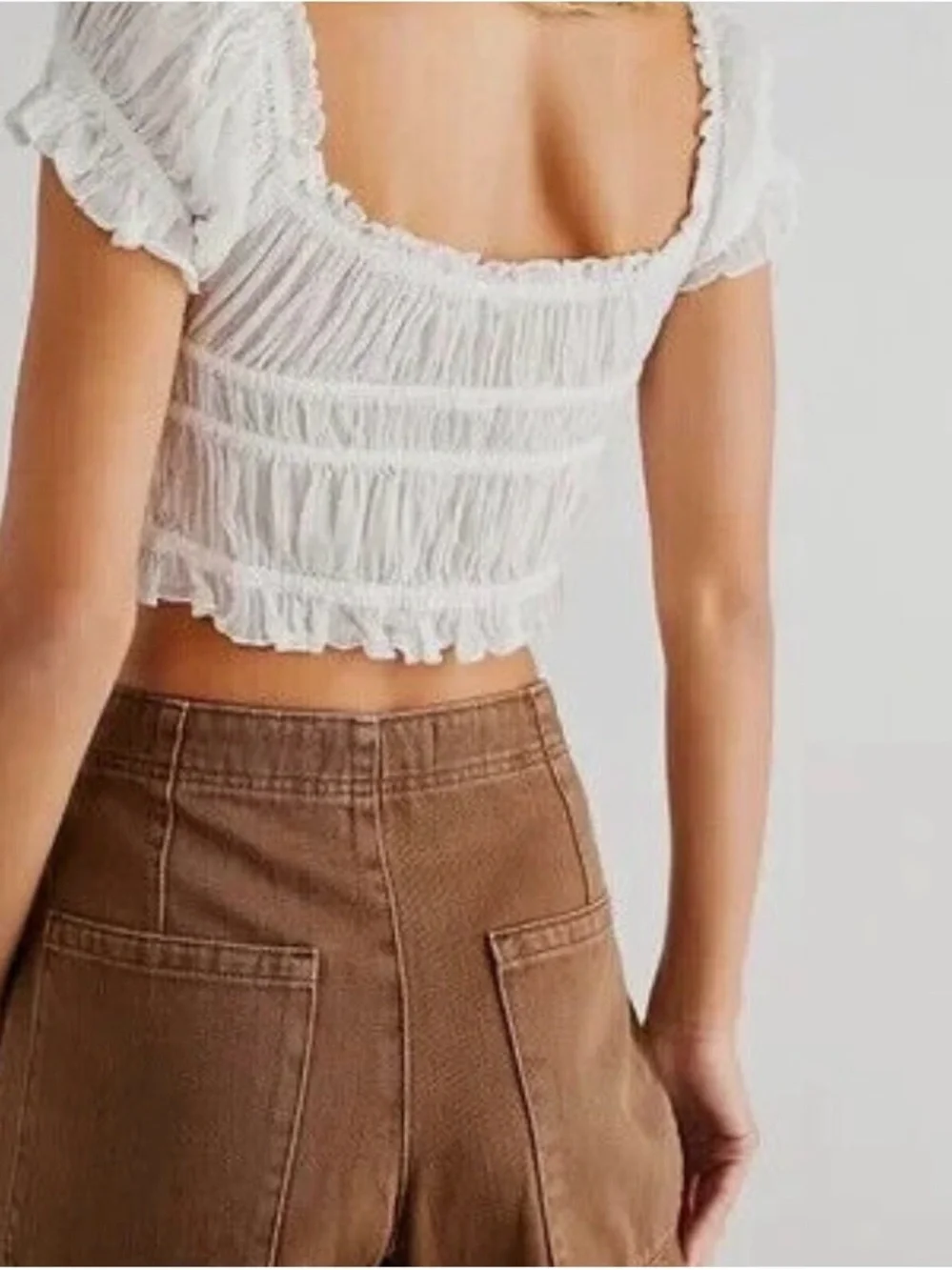 Free People FP One Cheri Top Smocked Cropped Ivory Off The Shoulder Blouse